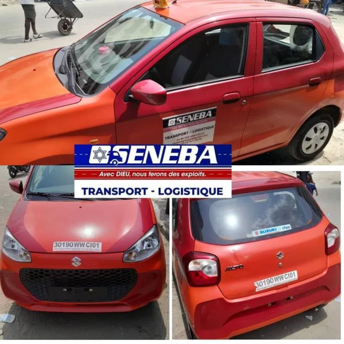 Suzuki Alto rouge de la flotte SENEBA, présentée sous quatre angles