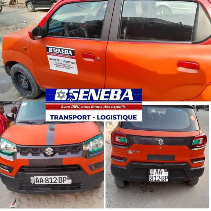 Suzuki S-Presso orange de la flotte SENEBA, présentée sous quatre angles